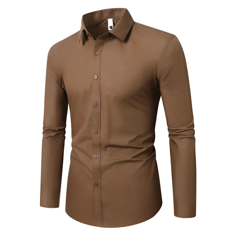 Men's loose fit long-sleeve linen shirt shown in multiple colours including black, white, and navy blue.