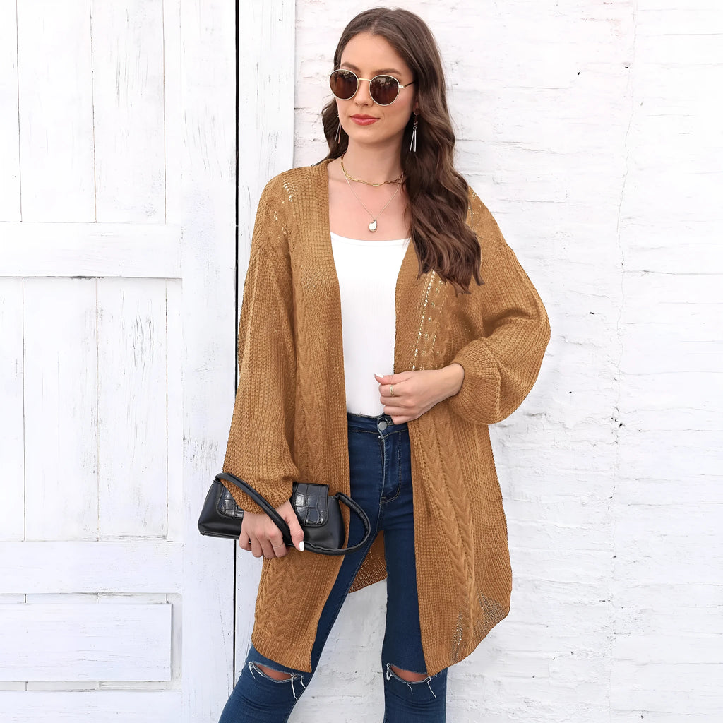 Women's loose acrylic sweater coat in army green colour showing European-American style casual fit