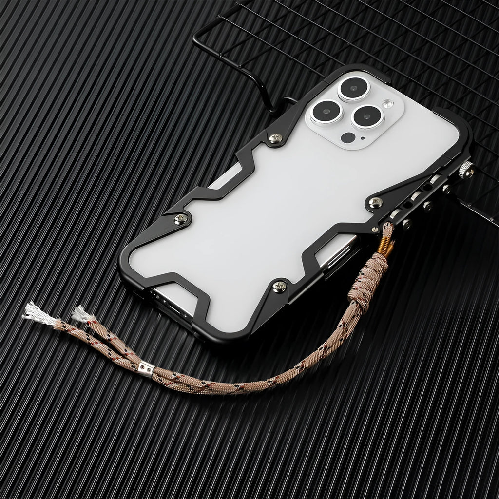 Robot Arm 13 metal frame phone case for iPhone 15 Pro Max in silver with tempered film and installation kit