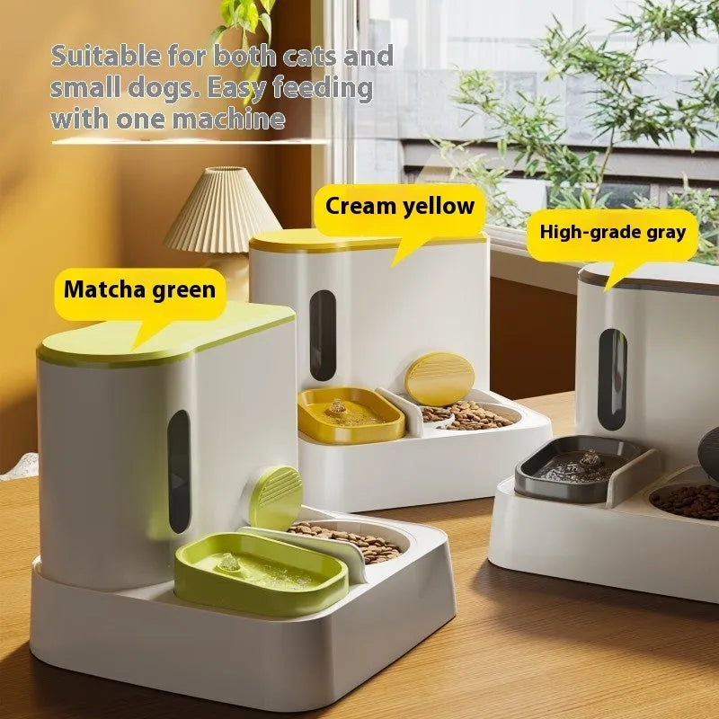 Grey cat automatic feeder with integrated water dispenser and double bowl design