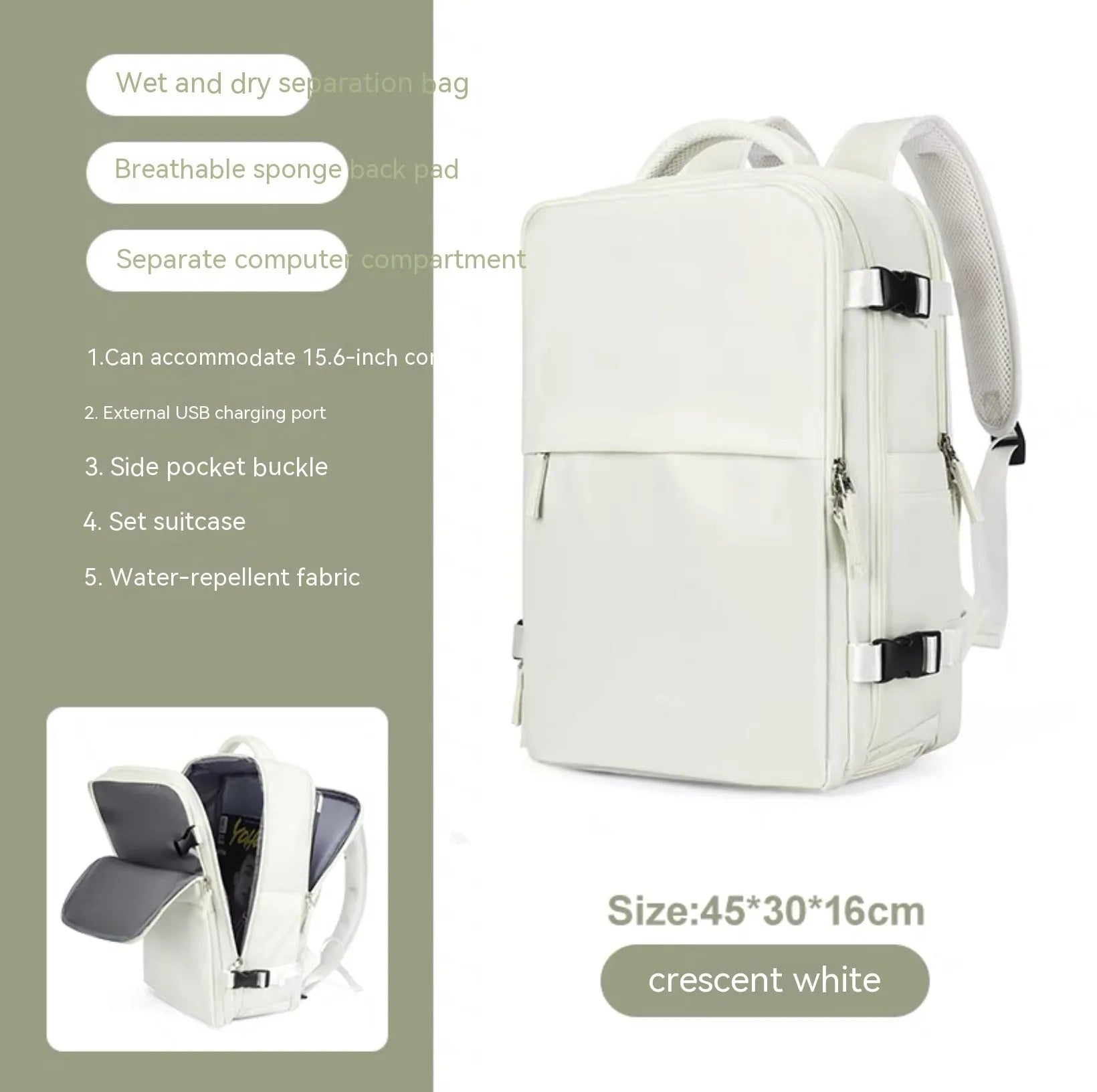 Large black nylon mummy-style travel backpack with a waterproof lining.