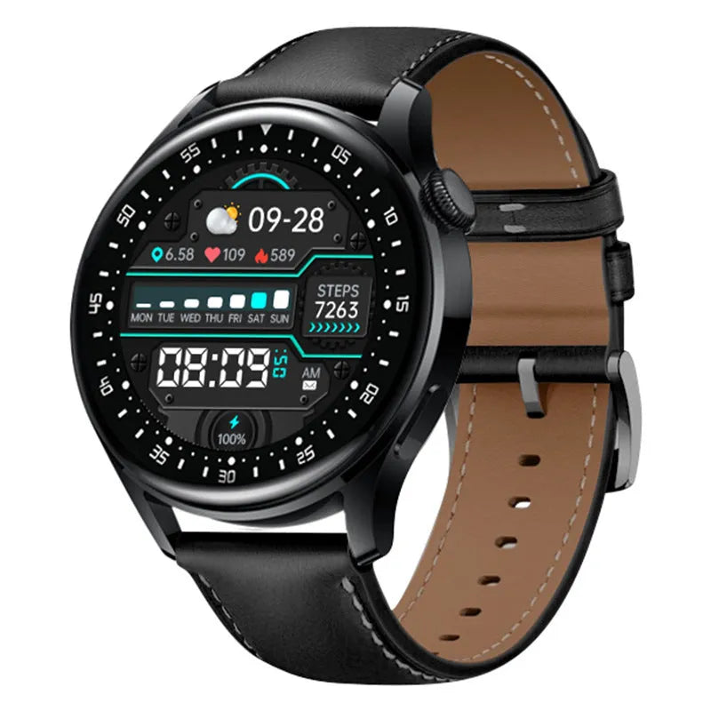 Black leather strap smartwatch with 1.32 inch touchscreen displaying health metrics