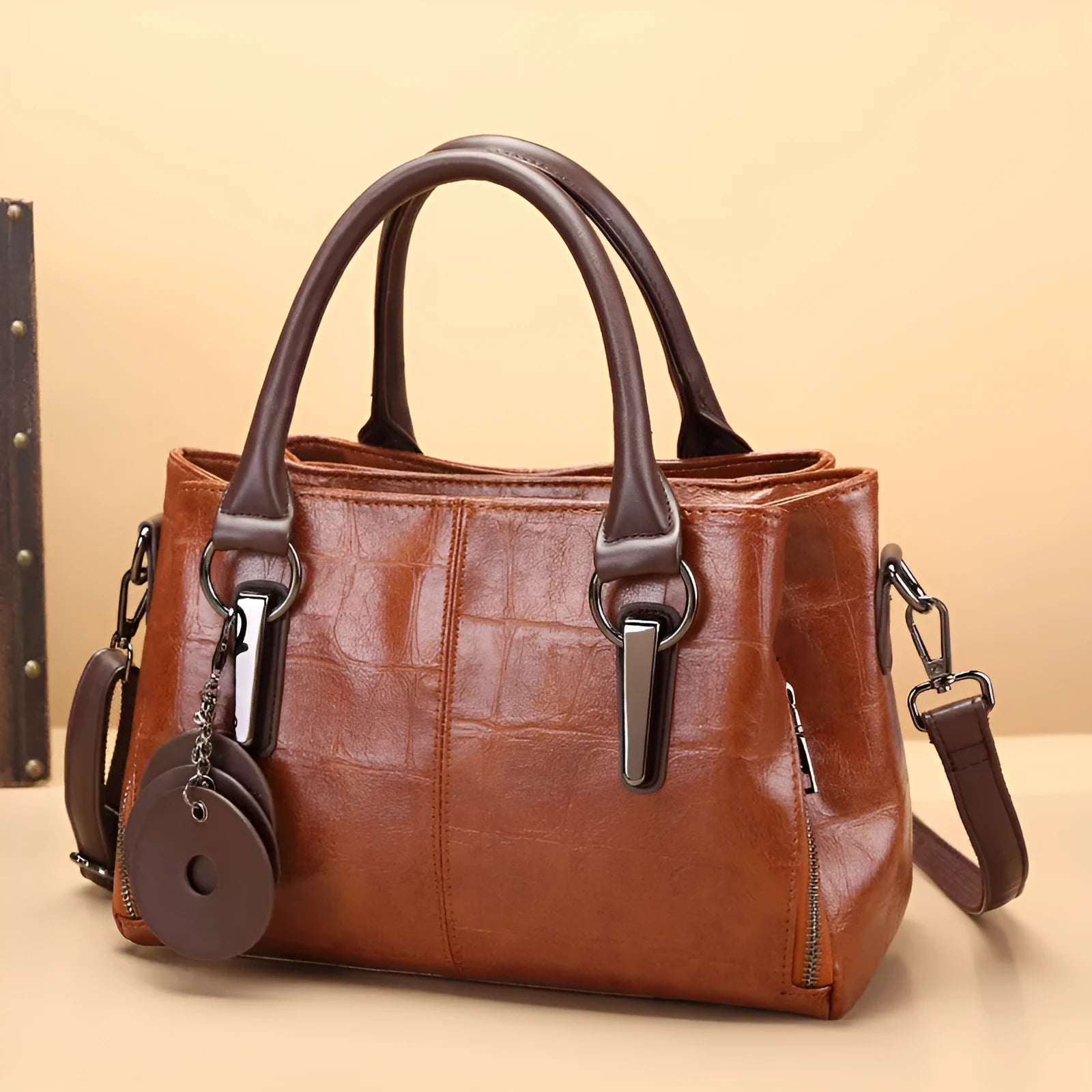Large horizontal square PU leather bag in vintage brown with internal organisation compartments