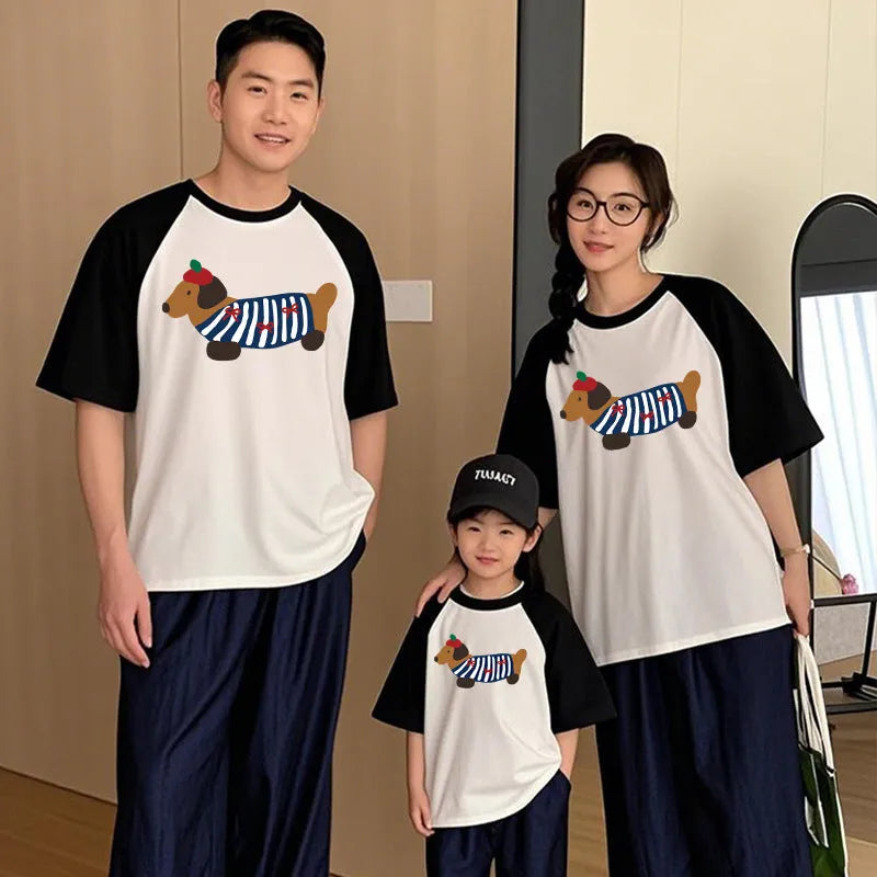 Cotton Western style dog mother-daughter matching outfit with contrast colour short sleeves in Korean design