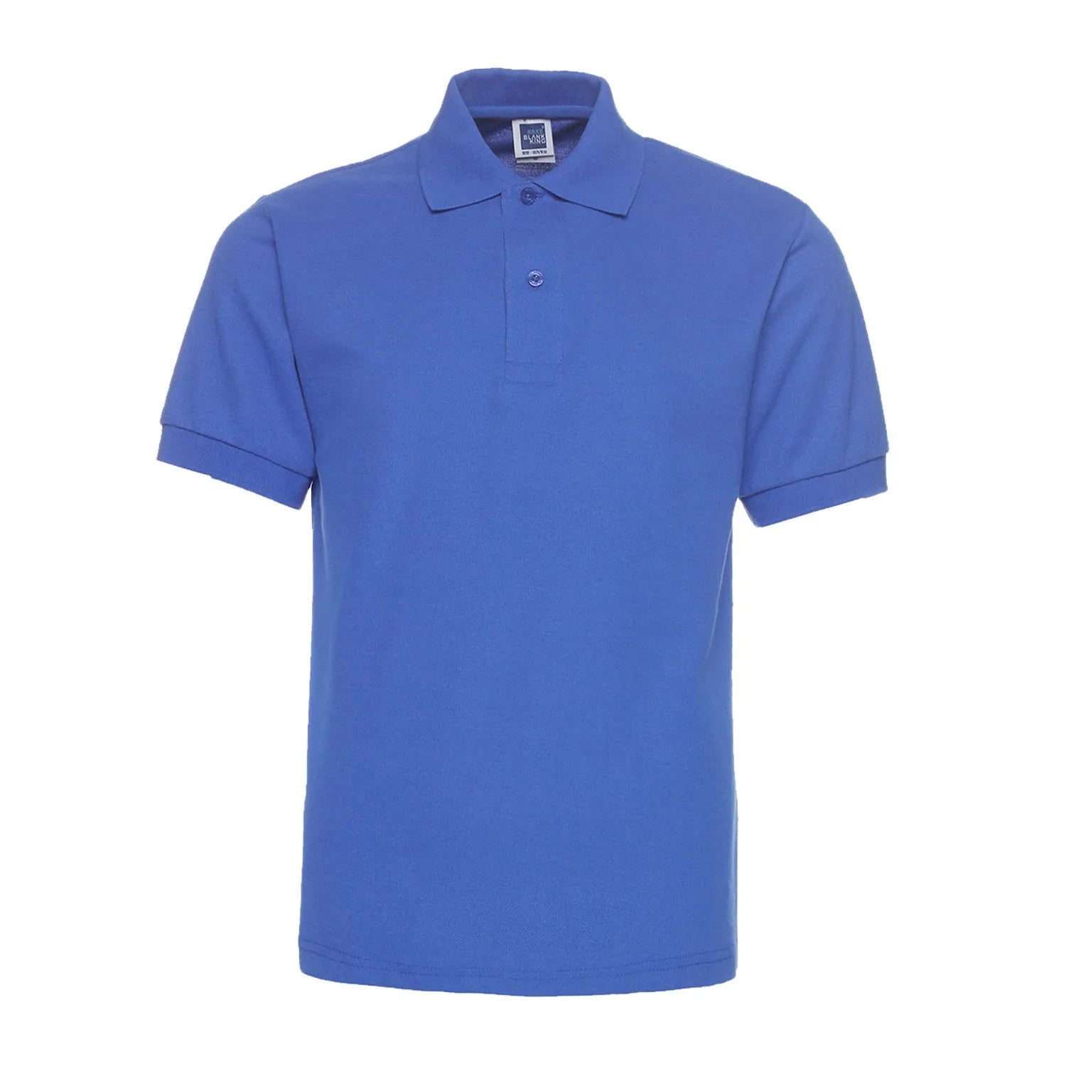 Plus size short sleeve polo shirt in loose cotton blend fabric shown in multiple solid colours