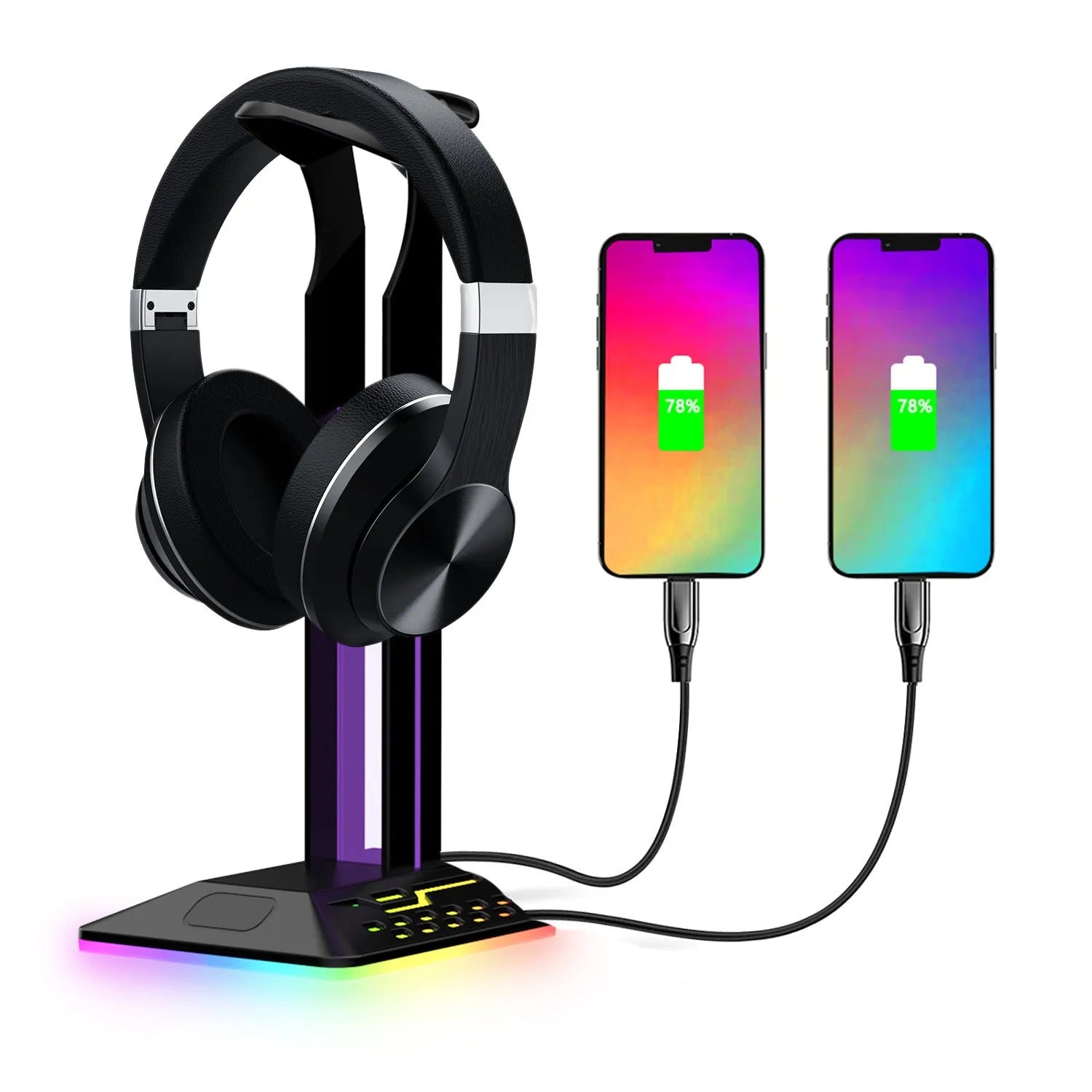 RGB colour-changing headphone display bracket with integrated dual USB ports on a desk.