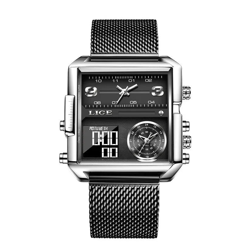 Men's black multi-function quartz watch with genuine leather strap and analogue-digital display