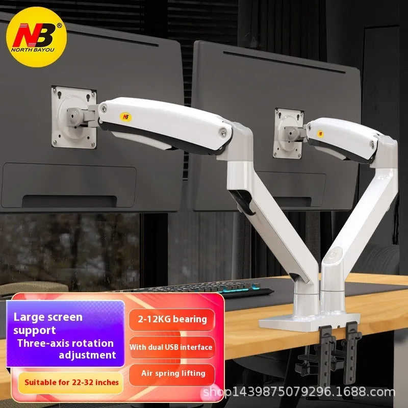 Aluminium alloy dual monitor desktop bracket in gun black colour, showing two adjustable arms for screens.