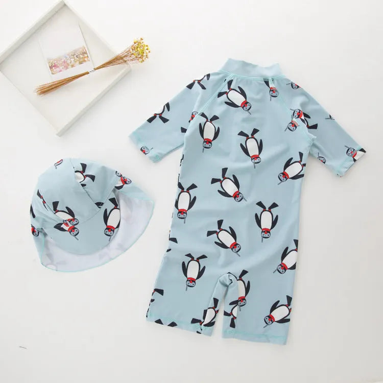 Boy's penguin long sleeves swimsuit one-piece with matching swim cap for sun protection
