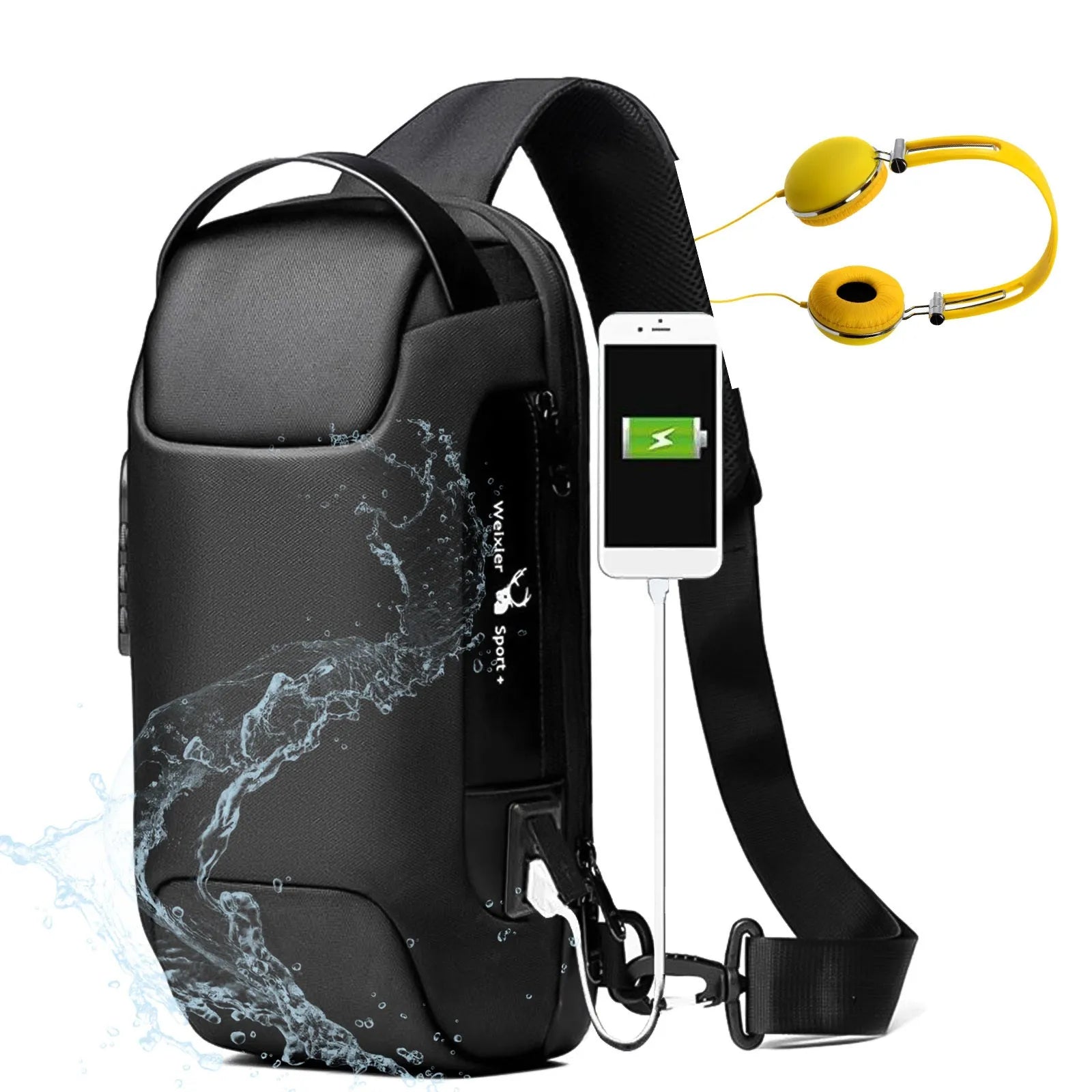 Black waterproof Oxford cloth anti-theft messenger bag with USB port and crossbody strap