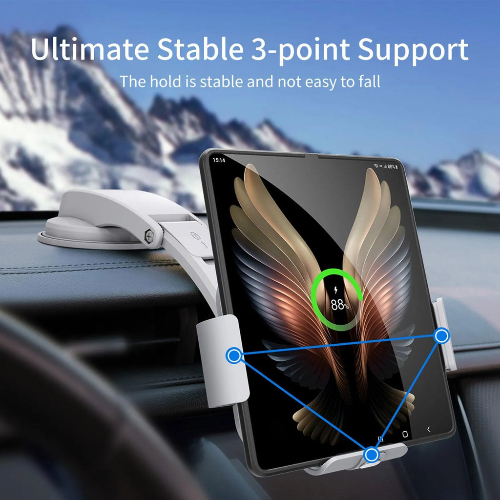 Grey and white car mobile phone holder with folding screen and wireless charging bracket on dashboard