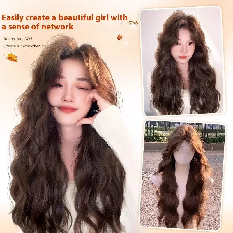 Women's full head wig with long curly artificial hair and side bangs in natural styling