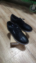 Men's plus size casual leather shoes – round toe wedge heel PU leather with stitching, elastic band closure, black colour