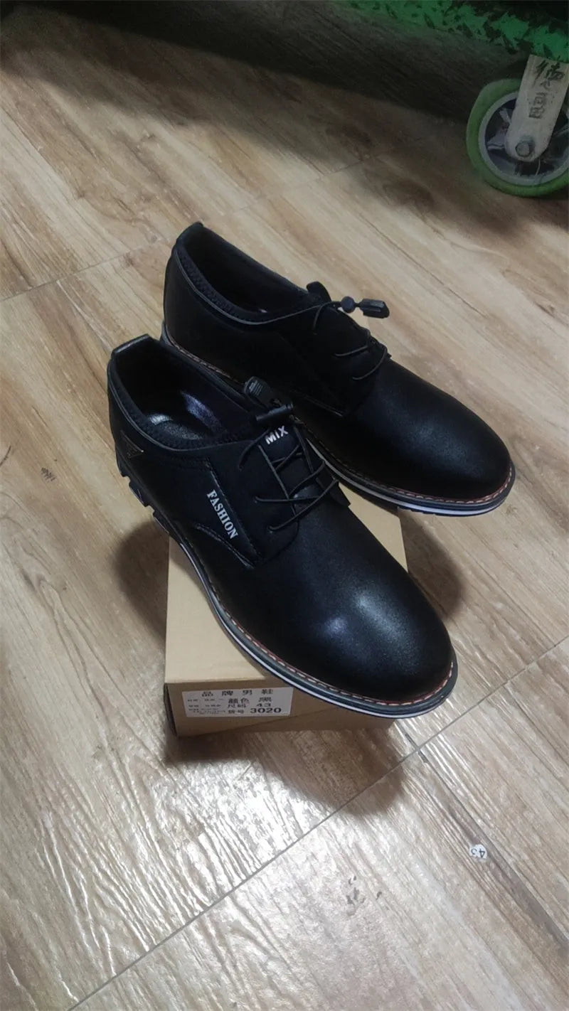 Men's plus size casual leather shoes – round toe wedge heel PU leather with stitching, elastic band closure, black colour