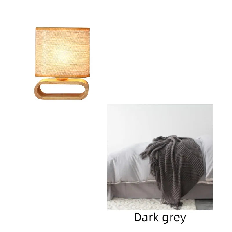 Nordic Japanese bedside table lamp with rubber wood holder, Φ170mm by H230mm, on a nightstand