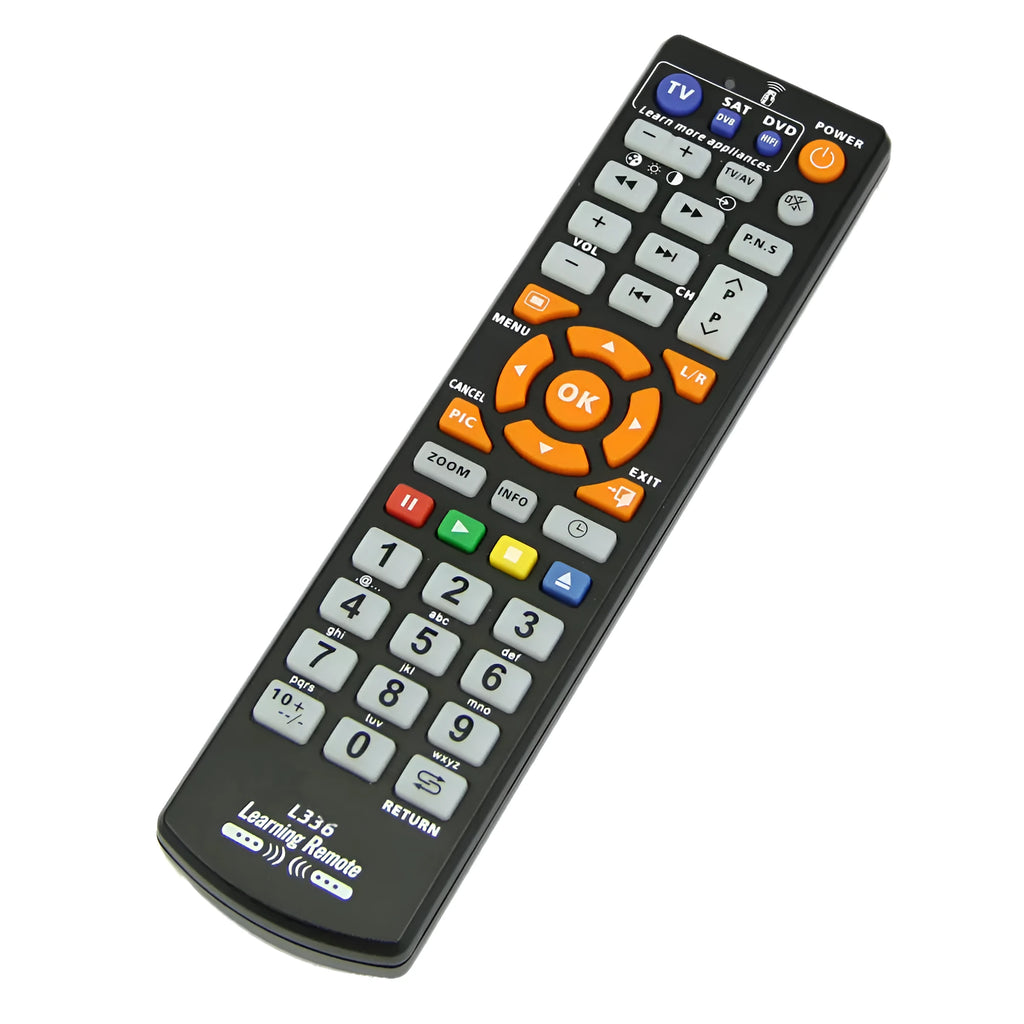 Black L336 learning remote control with full key layout for universal IR device operation