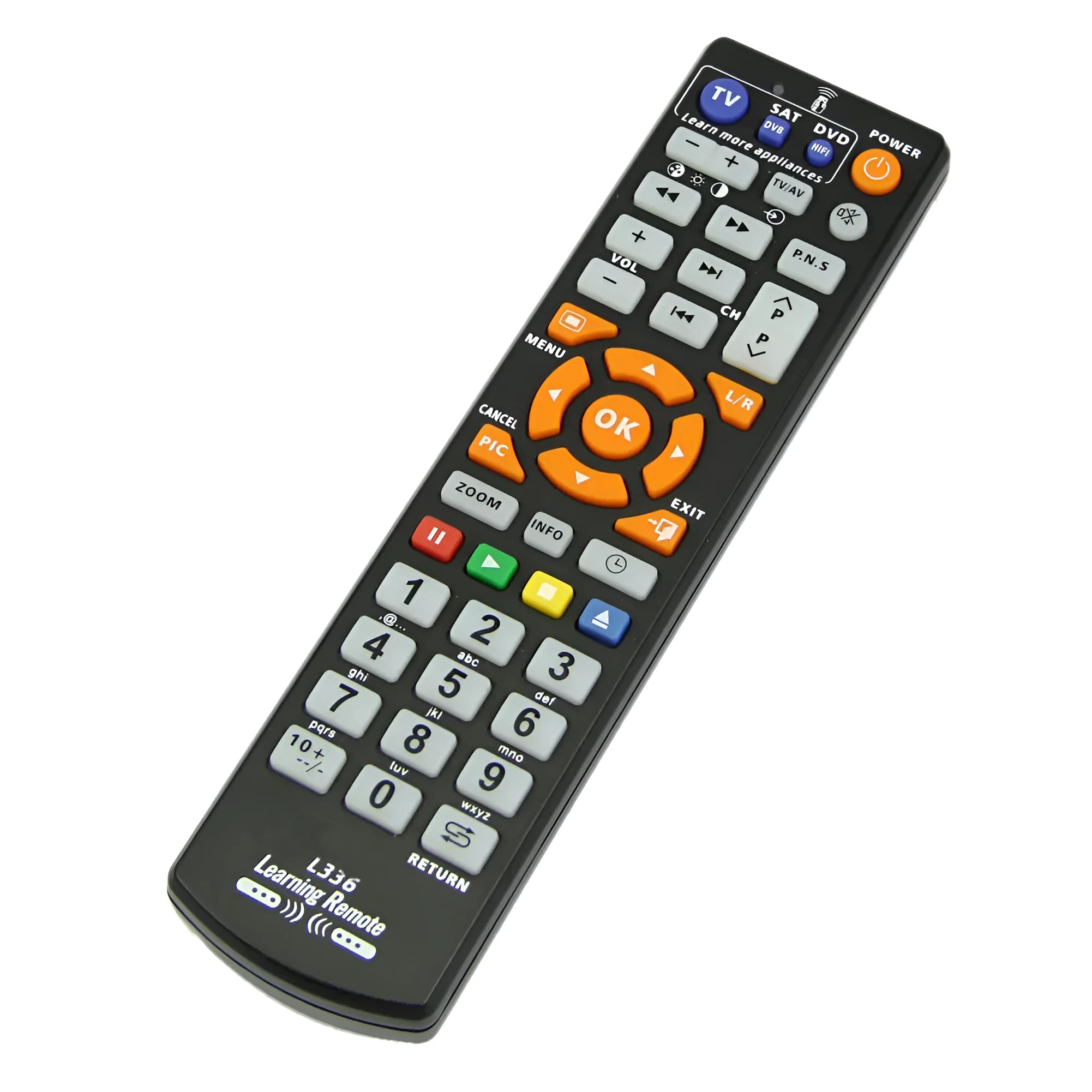 Black L336 learning remote control with full key layout for universal IR device operation