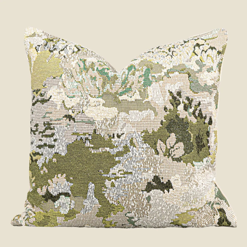 Antique green abstract botanical pillow with spring flower pattern in French style design