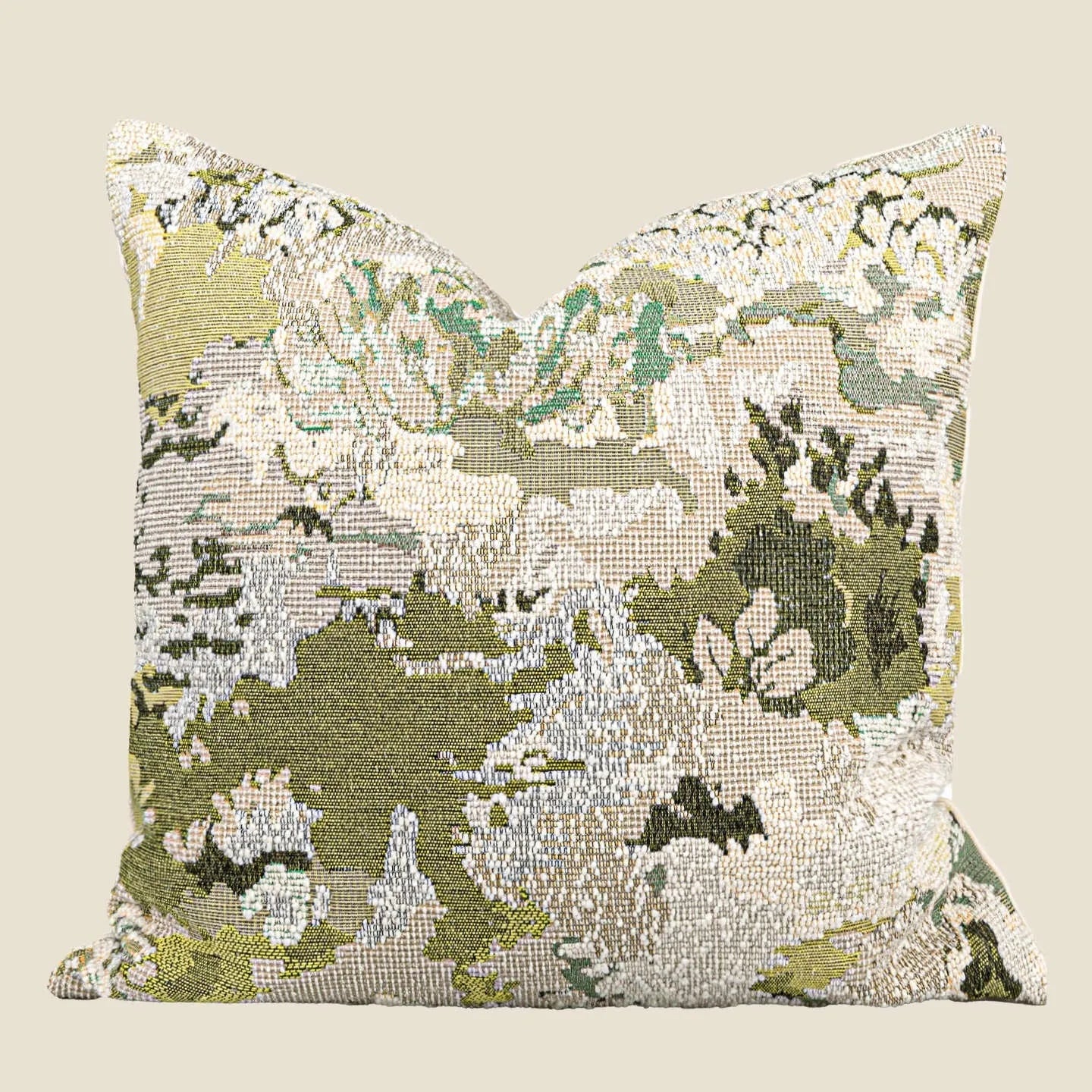 Antique green abstract botanical pillow with spring flower pattern in French style design