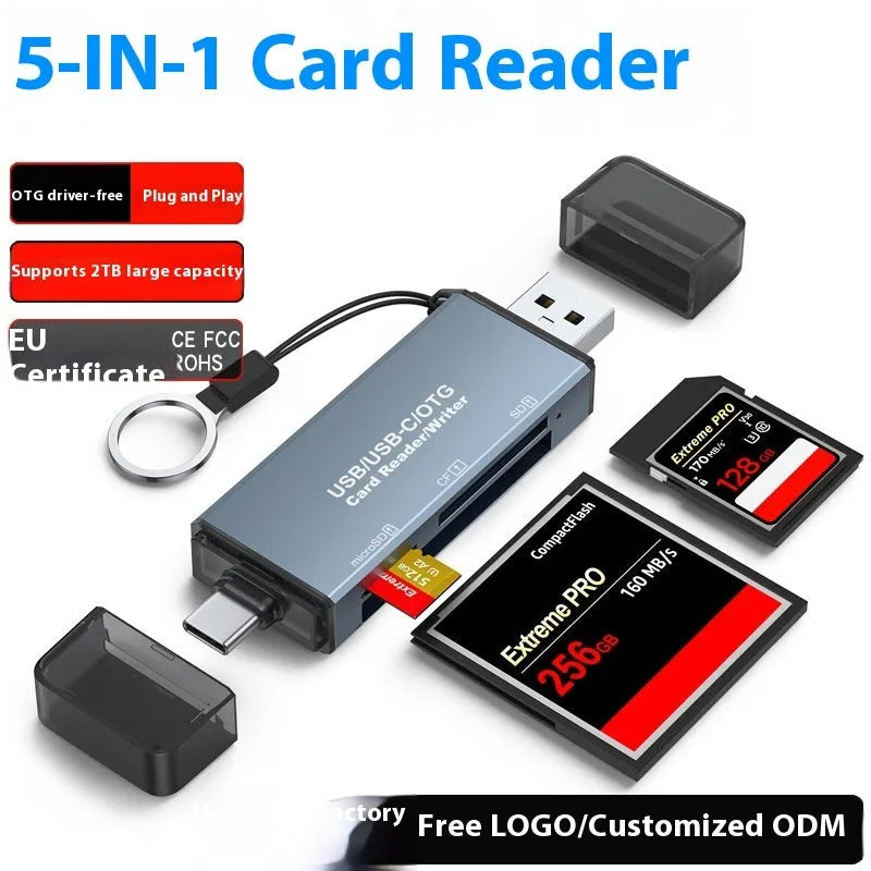 Silver aluminium USB memory card reader for SD, CF, and microSD cards with a USB-C cable.