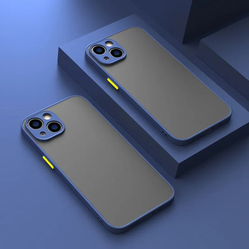 Frosted hard iPhone case with textured skin-sensing back and full camera lens protection in dark night green.