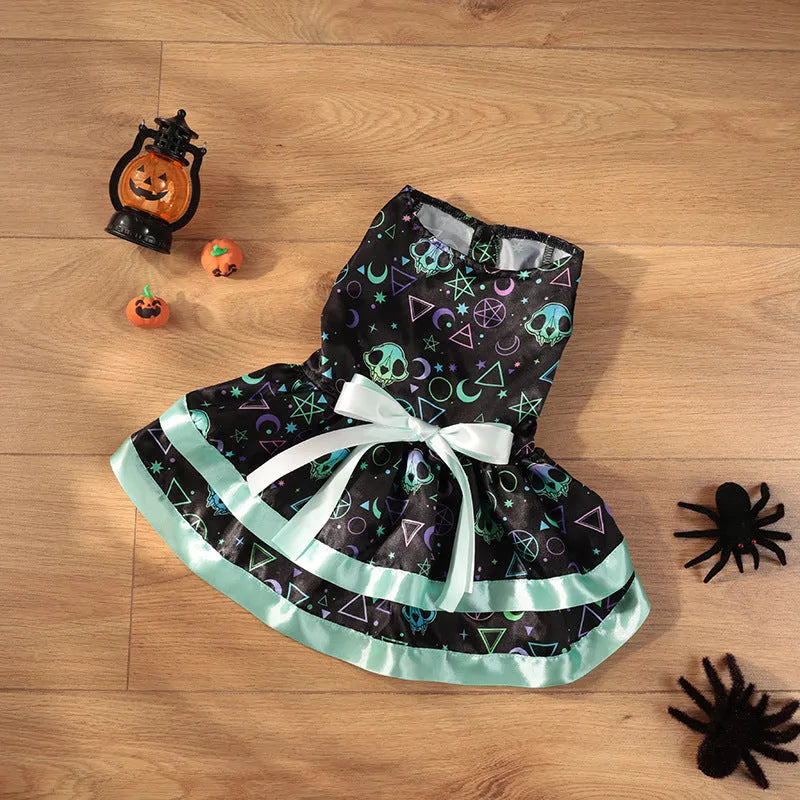 Halloween dog skirt with colourful pumpkin print, double-layer design