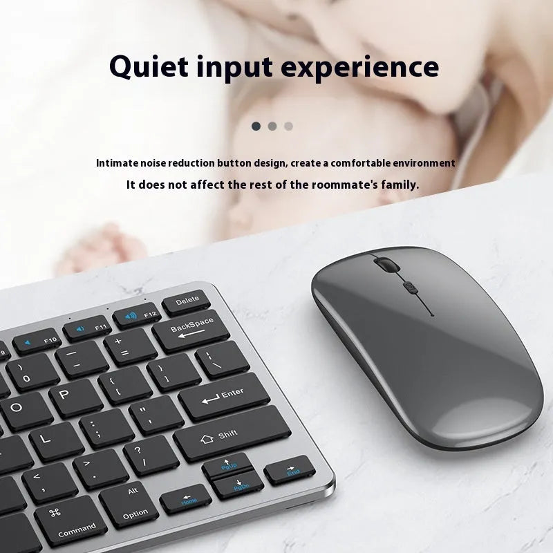 Ultra-thin wireless keyboard and mouse suit in black, grey, or silver with rechargeable Bluetooth connectivity
