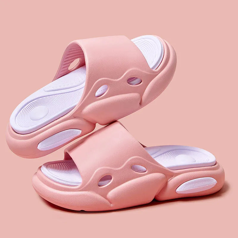 Two-colour EVA slippers for men and women with thick sole, shown in pink and purple colour option.