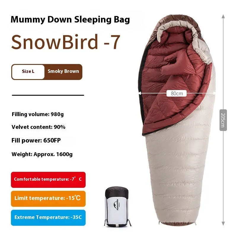 Goose down mummy-style sleeping bag in a storage bag, showing size and fill weight options.