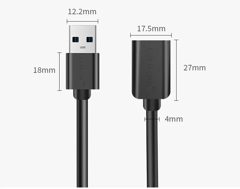 Black USB male to female extension cable showing connector details, available in multiple lengths.