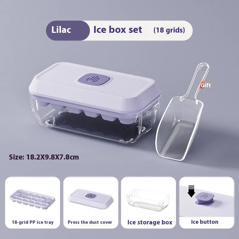 32 grid ice cube tray with press button demould and white spatula on blue background