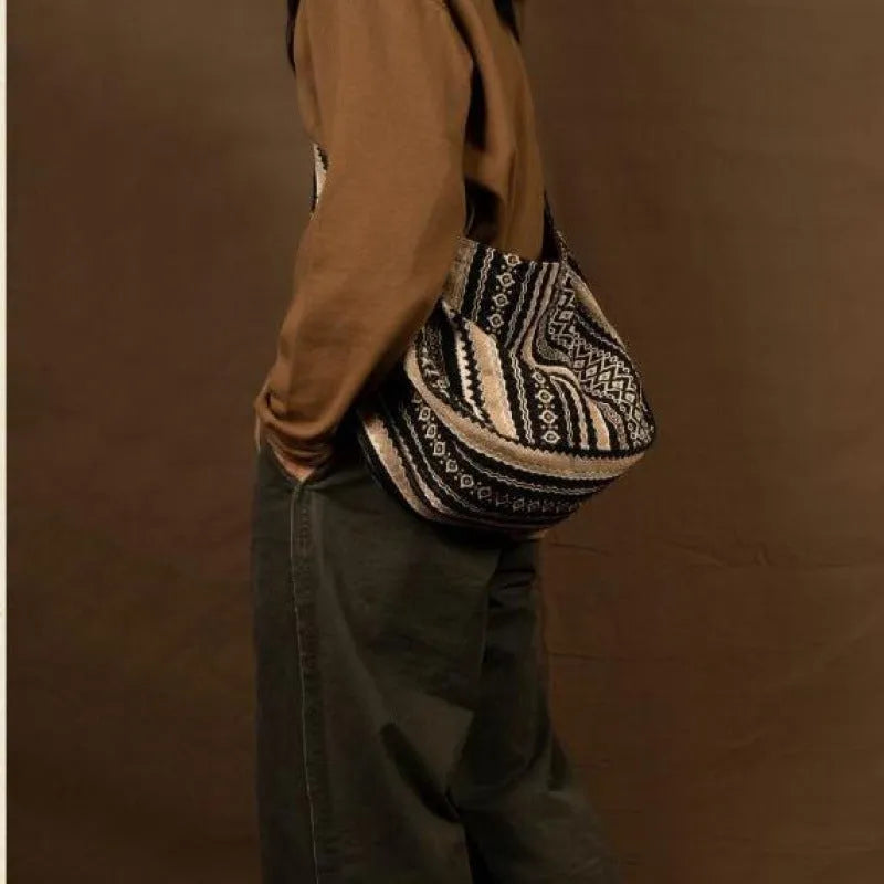 Vintage jacquard striped corduroy messenger bag with adjustable shoulder strap