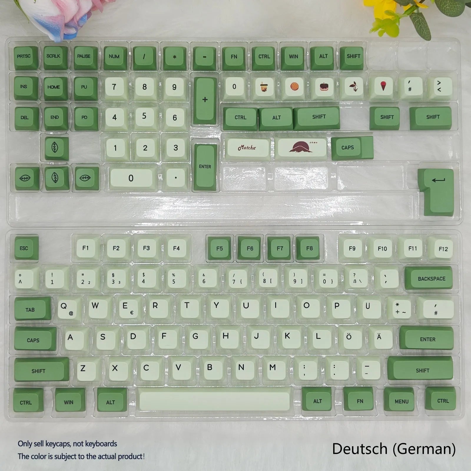 124 Key Matcha green PBT sublimation keycap set for mechanical keyboards laid out flat.