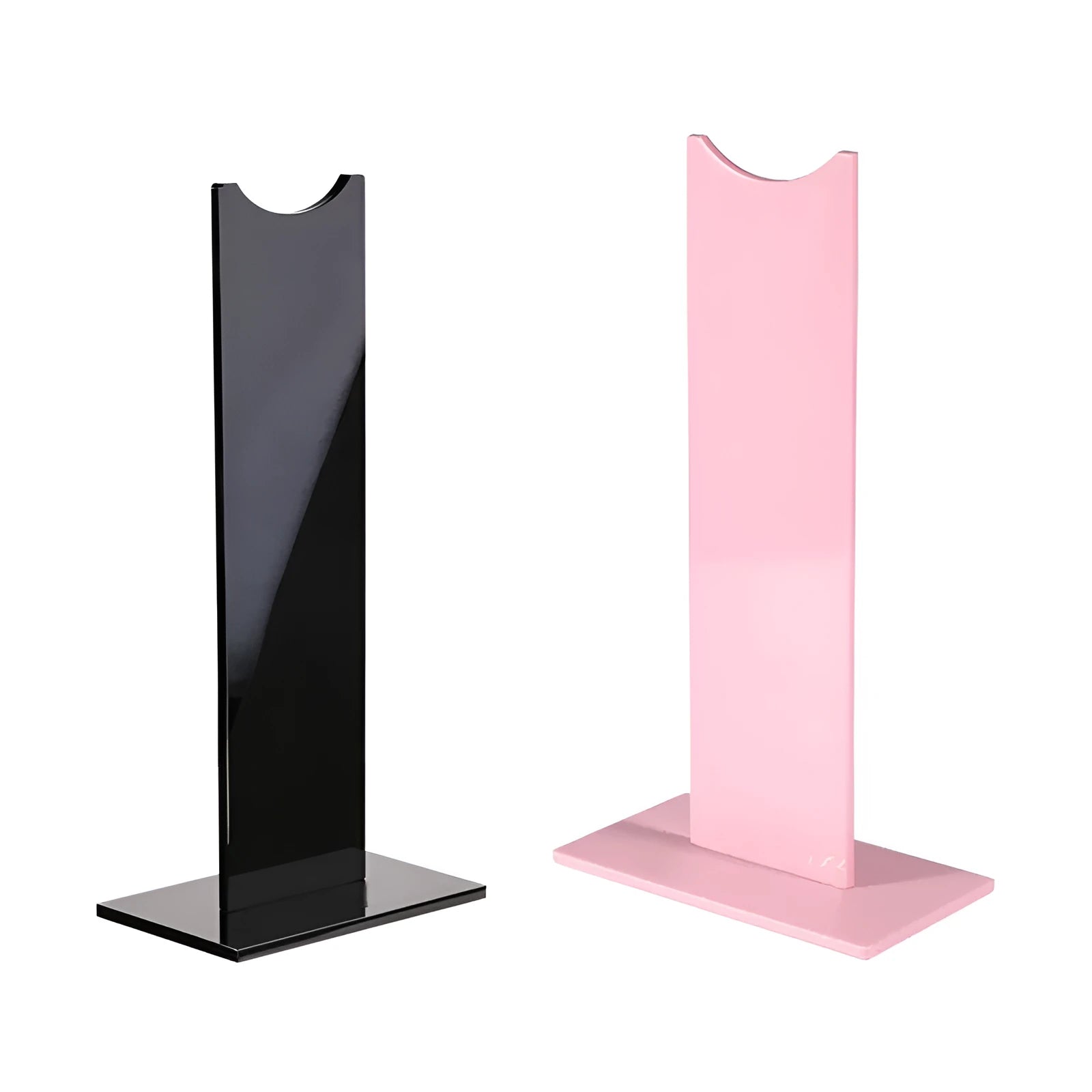 Pink and black detachable gaming headset stand with non-slip silicone base on a desk