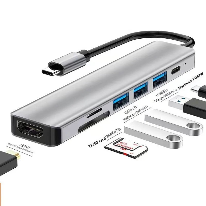 USB-C 7-in-1 expansion dock with HDMI port and USB 3.0 hub on a 15cm cable.