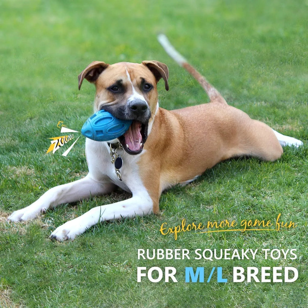Blue, green, and orange durable natural rubber squeaky dog chew ball for medium and large breeds.