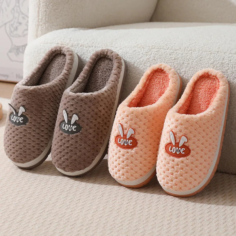Women's plaid rabbit design artificial fur house slippers with thick rubber soles