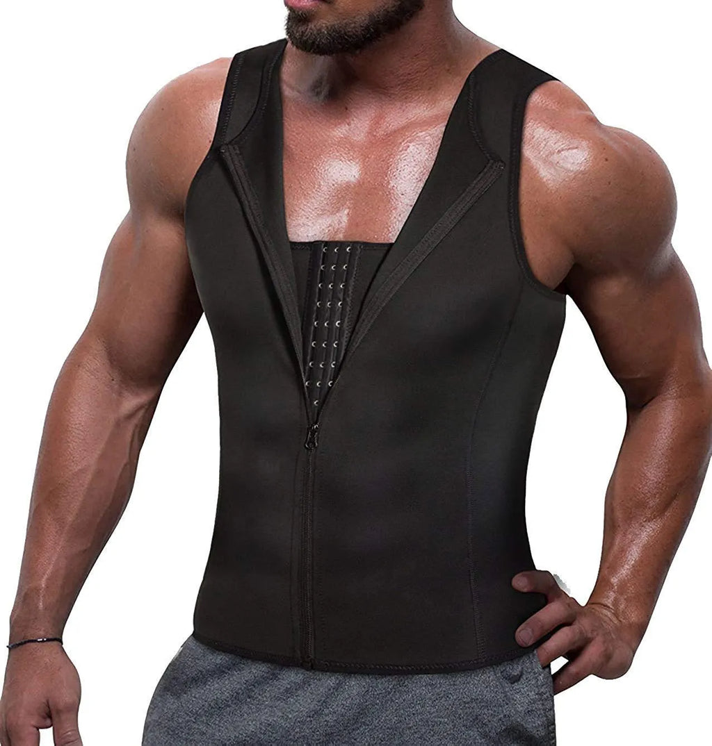 Men's black body shaper zipper vest with lumbar support and belly contraction seamless design