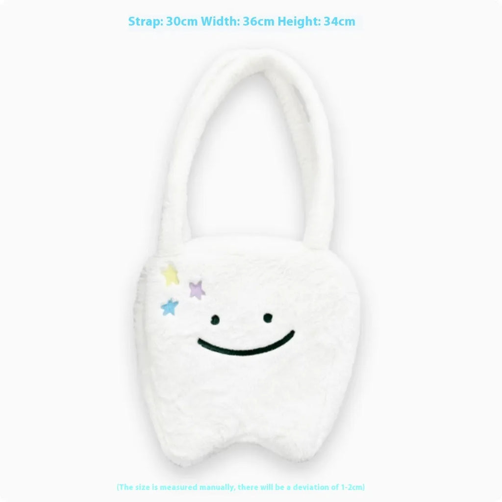 White plush shoulder tote bag with cute teeth pattern and zipper closure