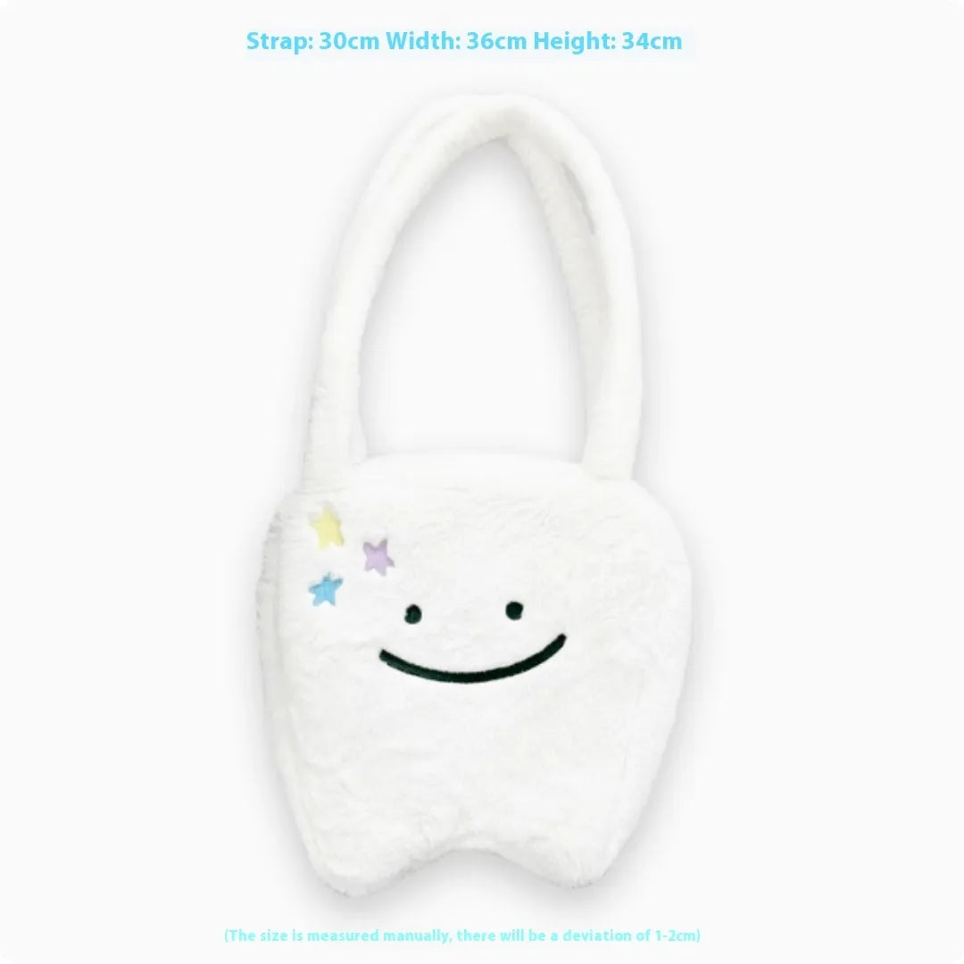 White plush shoulder tote bag with cute teeth pattern and zipper closure