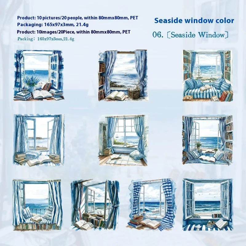 Set of six retro-themed window scene decorative stickers for journals, including seaside and garden designs.