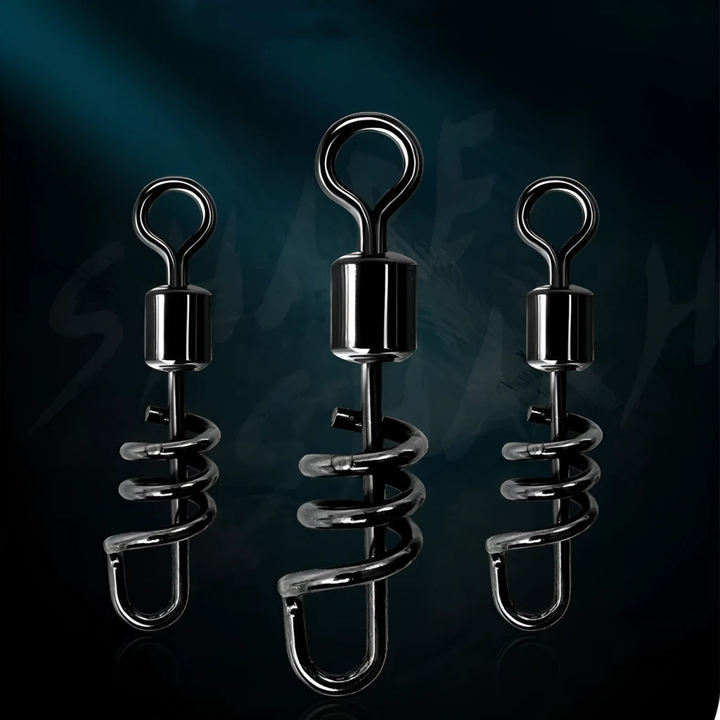 Copper and stainless steel 8-shaped fishing swivel connector on a blue background.