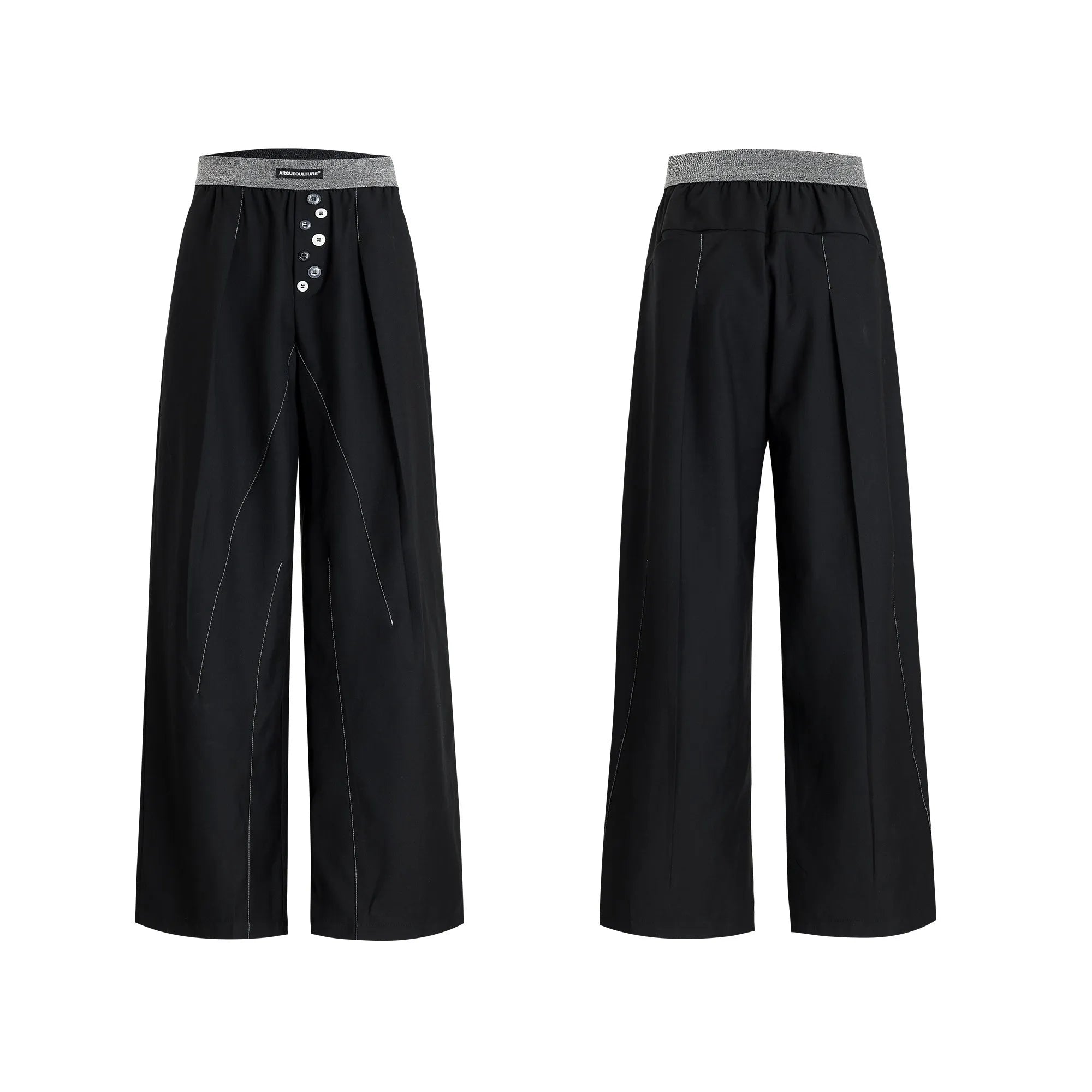 Black straight-leg high-waist trousers with button detail on smart casual model