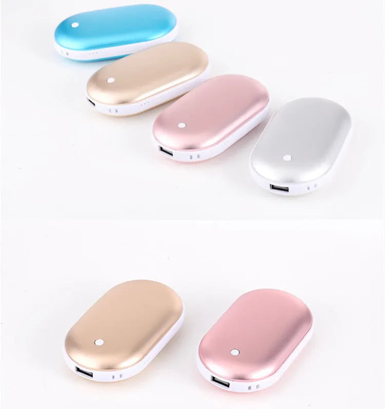 Compact rechargeable hand warmer and power bank in multiple colour options including digital display models.