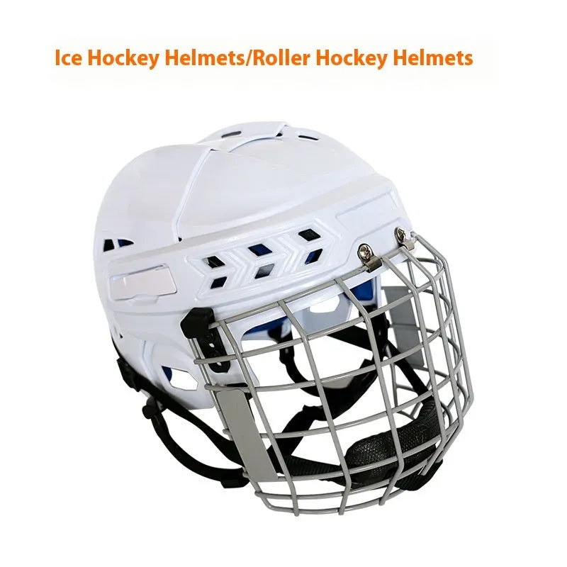 Ice hockey helmet with carbon steel face mask on a white background, showing sizes S, M, L, XL.