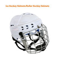 Ice hockey helmet with carbon steel face mask on a white background, showing sizes S, M, L, XL.