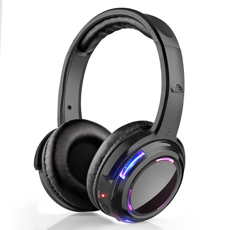 Black silent disco wireless headphones with a head-mounted design and a 3.5mm connection cable.