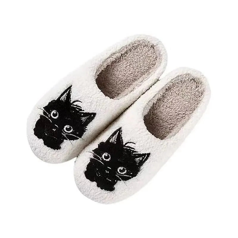 White Black Beard Cat cartoon plush slippers for couples with non-slip sole