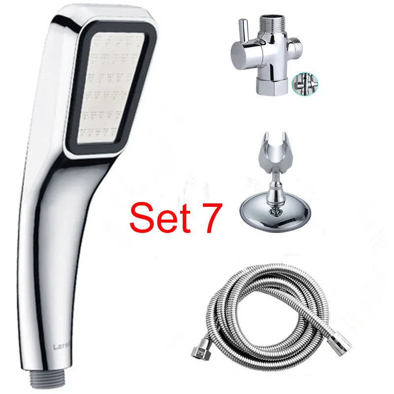 Orange hand-held rain shower set with pressurised function showing shower head and connection