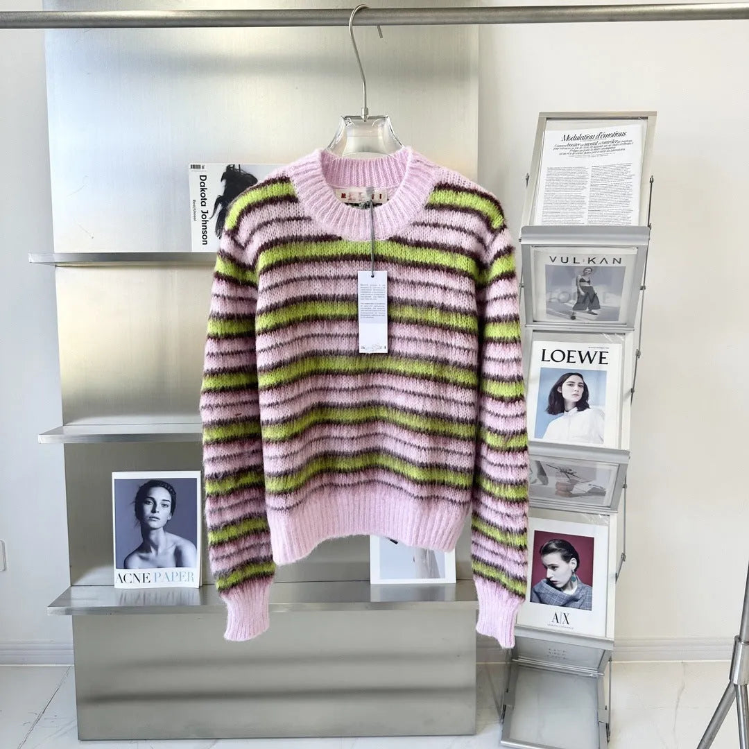 Pink Haima wool knitted cardigan sweater for women shown in round neck and button-front styles.